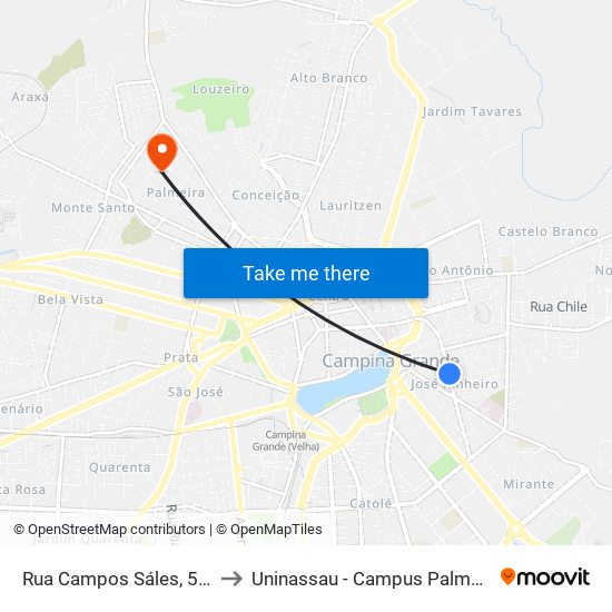 Rua Campos Sáles, 531 to Uninassau - Campus Palmeira map