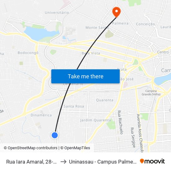 Rua Iara Amaral, 28-76 to Uninassau - Campus Palmeira map