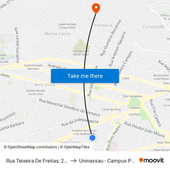 Rua Teixeira De Freitas, 252-266 to Uninassau - Campus Palmeira map