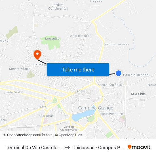 Terminal Da Vila Castelo Branco to Uninassau - Campus Palmeira map