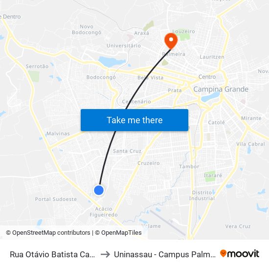 Rua Otávio Batista Cabral to Uninassau - Campus Palmeira map