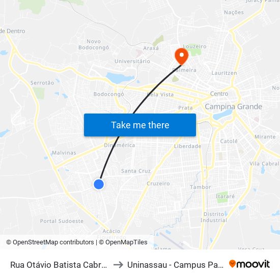 Rua Otávio Batista Cabral, 110 to Uninassau - Campus Palmeira map