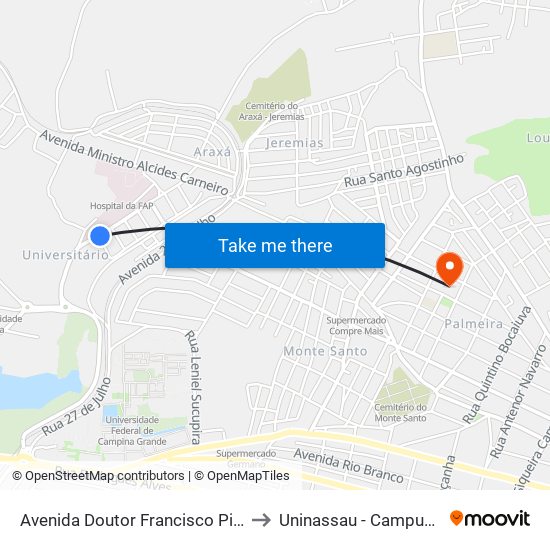 Avenida Doutor Francisco Pinto, 417-489 to Uninassau - Campus Palmeira map