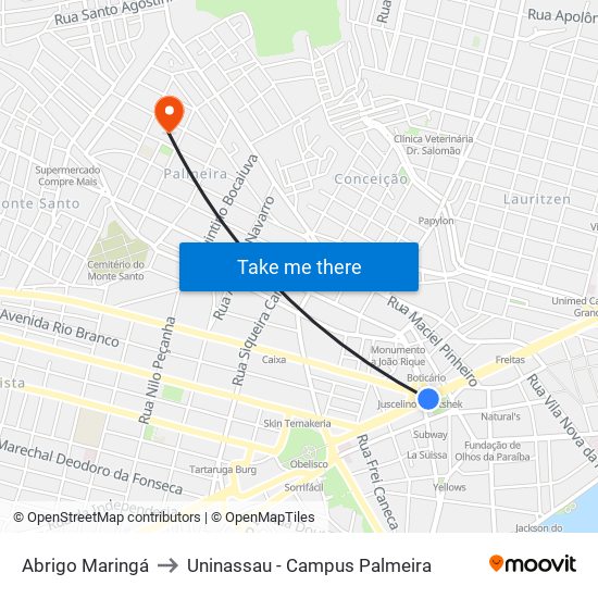 Abrigo Maringá to Uninassau - Campus Palmeira map