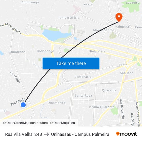 Rua Vila Velha, 248 to Uninassau - Campus Palmeira map