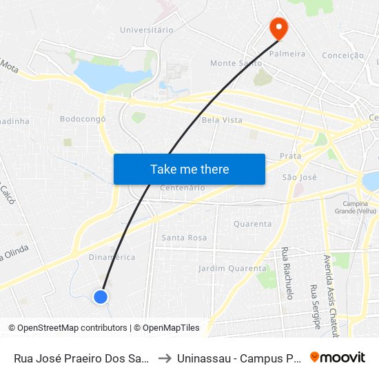 Rua José Praeiro Dos Santos, 43 to Uninassau - Campus Palmeira map