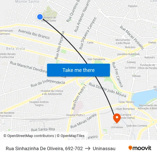 Rua Sinhazinha De Oliveira, 692-702 to Uninassau map