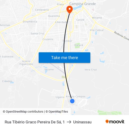 Rua Tibério Graco Pereira De Sá, 1 to Uninassau map