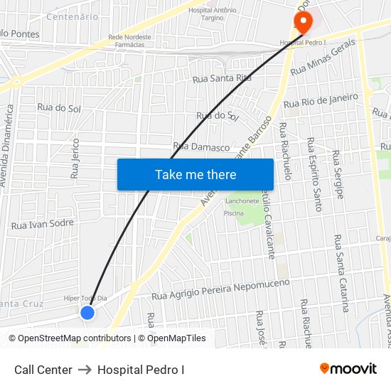 Call Center to Hospital Pedro I map