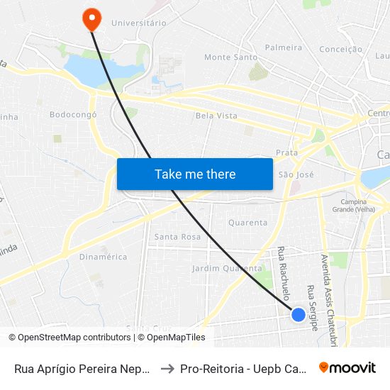 Rua Aprígio Pereira Nepomuceno, 445 to Pro-Reitoria - Uepb Campina Grande map