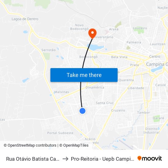 Rua Otávio Batista Cabral, 110 to Pro-Reitoria - Uepb Campina Grande map