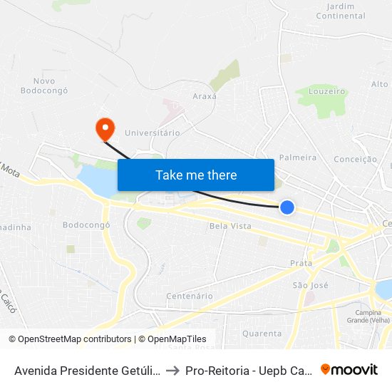 Avenida Presidente Getúlio Vargas, 1127 to Pro-Reitoria - Uepb Campina Grande map