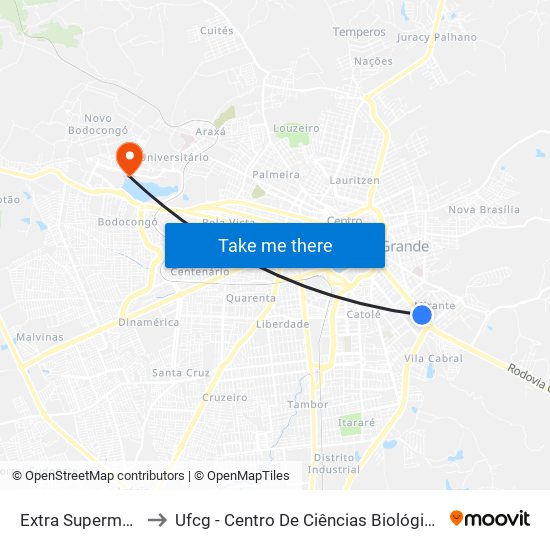 Extra Supermercados to Ufcg - Centro De Ciências Biológicas E Da Saúde map