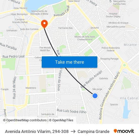 Avenida Antônio Vilarim, 294-308 to Campina Grande map