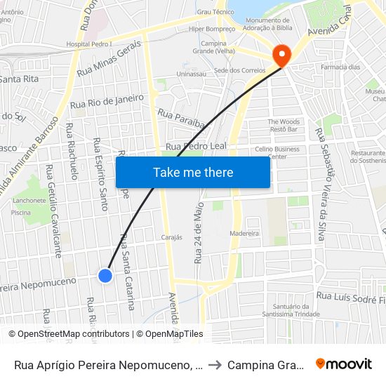 Rua Aprígio Pereira Nepomuceno, 445 to Campina Grande map