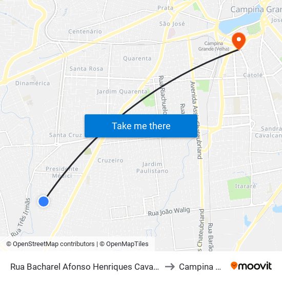 Rua Bacharel Afonso Henriques Cavalcante, 425-481 to Campina Grande map