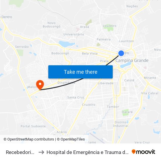 Recebedoria De Rendas - Fisco to Hospital de Emergência e Trauma de Campina Grande Dom Luiz Gonzaga Fernandes map