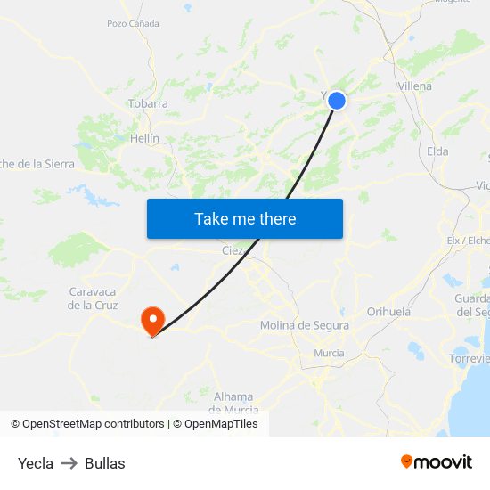 Yecla to Bullas map
