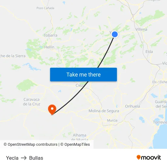 Yecla to Bullas map