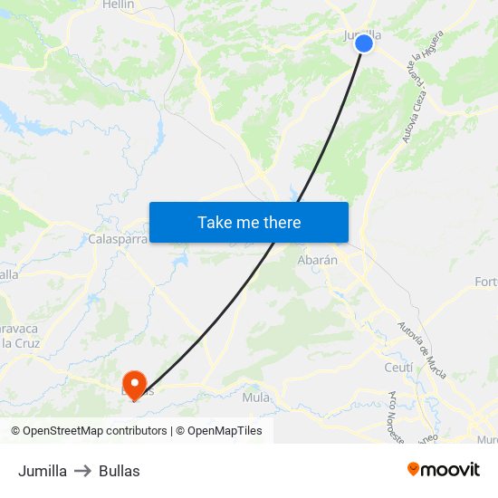 Jumilla to Bullas map