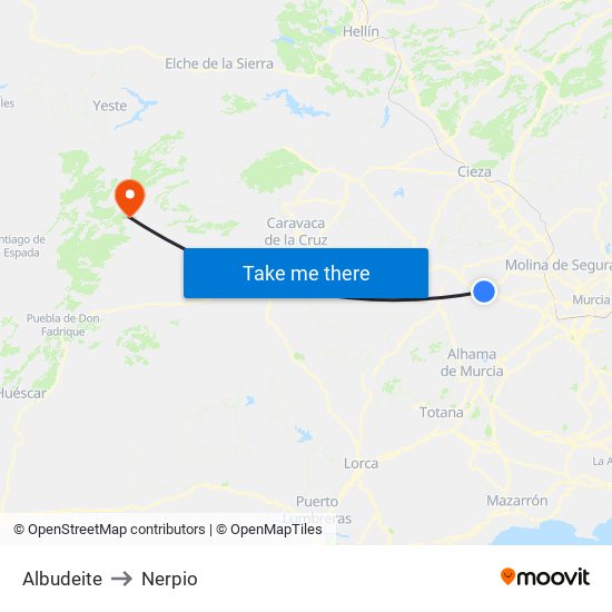 Albudeite to Nerpio map