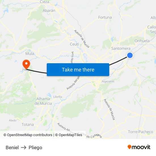 Beniel to Pliego map