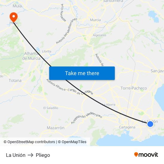 La Unión to Pliego map