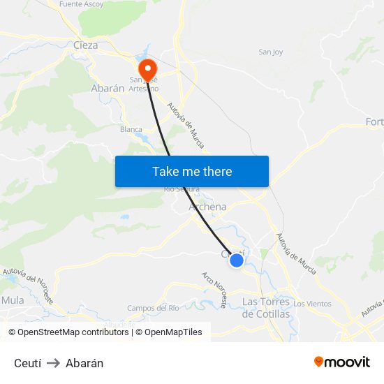 Ceutí to Abarán map