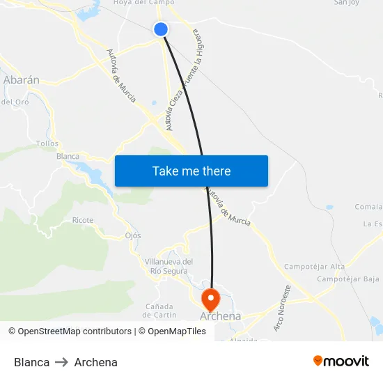 Blanca to Archena map