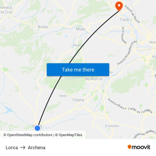 Lorca to Archena map