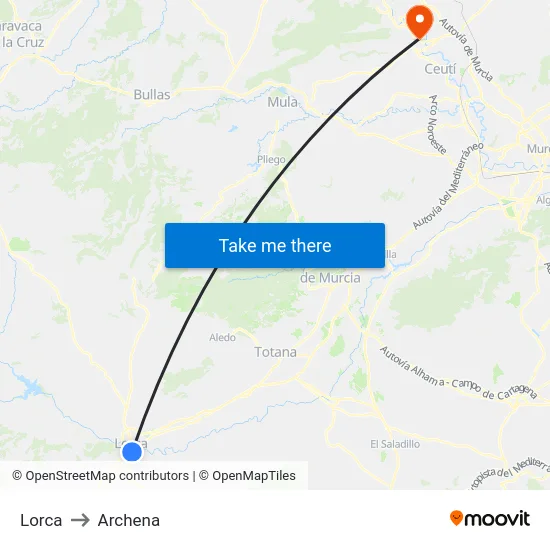 Lorca to Archena map