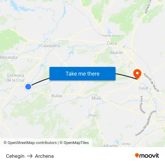 Cehegín to Archena map