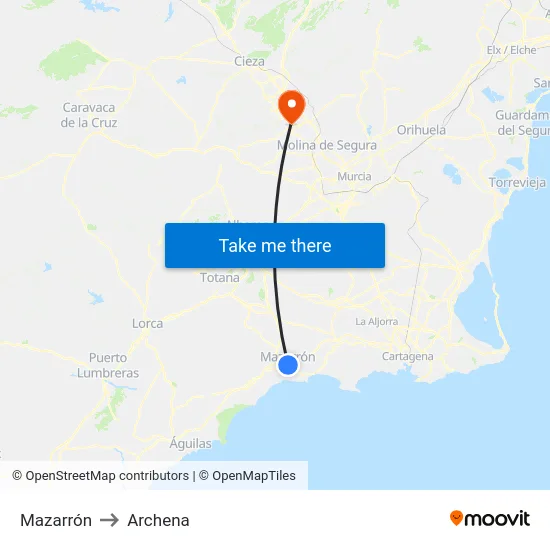 Mazarrón to Archena map