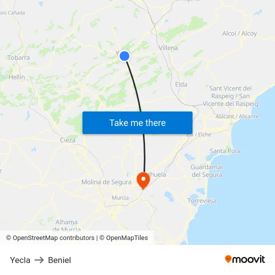 Yecla to Beniel map