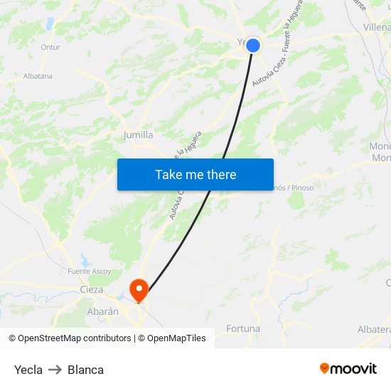 Yecla to Blanca map
