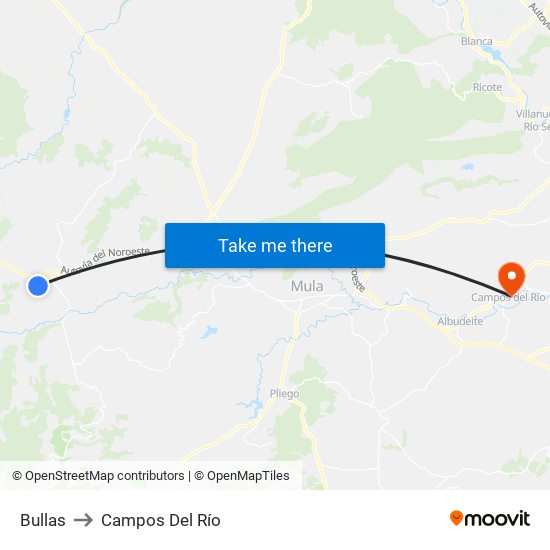 Bullas to Campos Del Río map