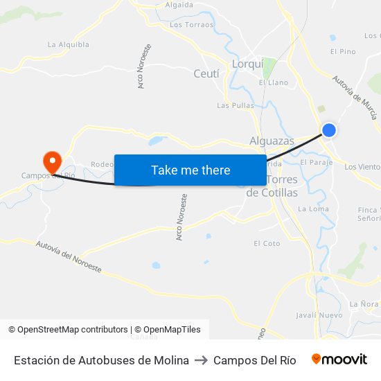 Estación de Autobuses de Molina to Campos Del Río map