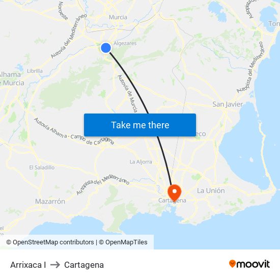 Arrixaca I to Cartagena map