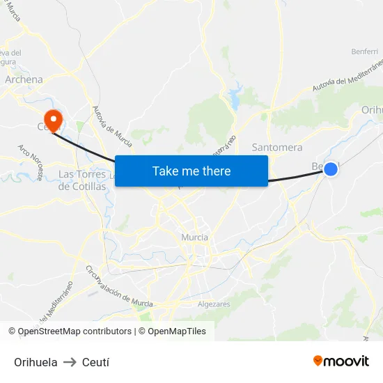 Orihuela to Ceutí map