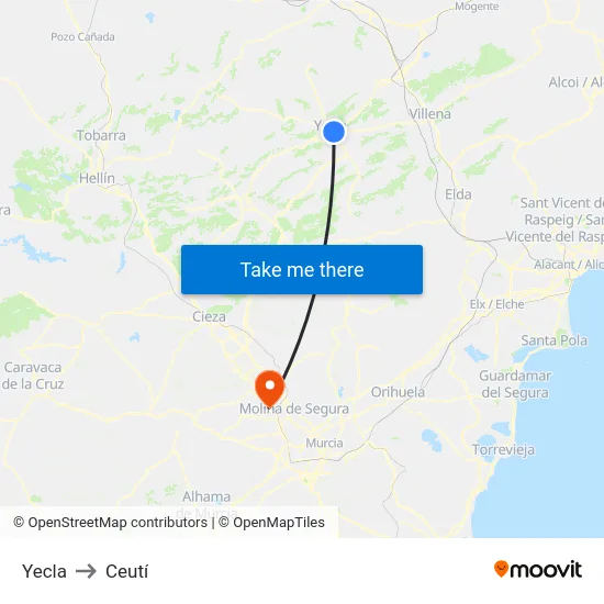 Yecla to Ceutí map