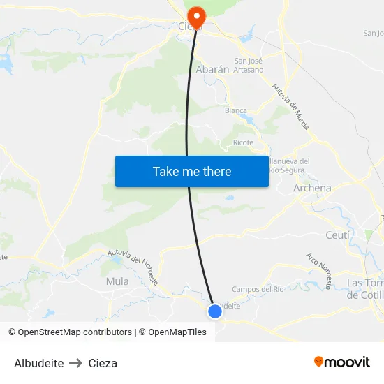 Albudeite to Cieza map