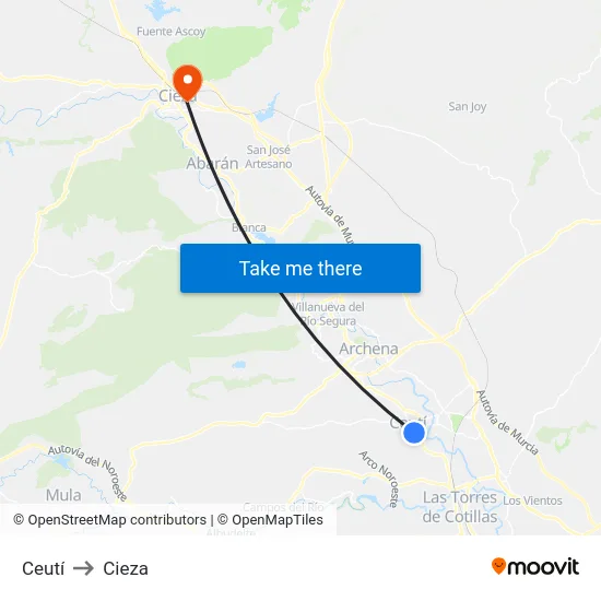 Ceutí to Cieza map