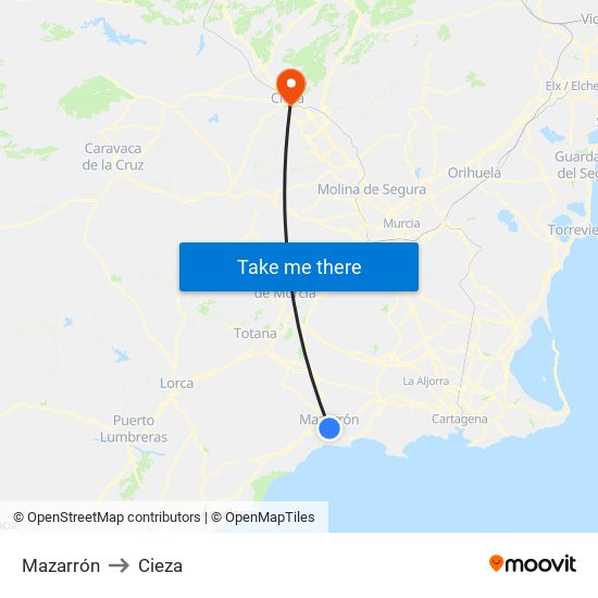 Mazarrón to Cieza map