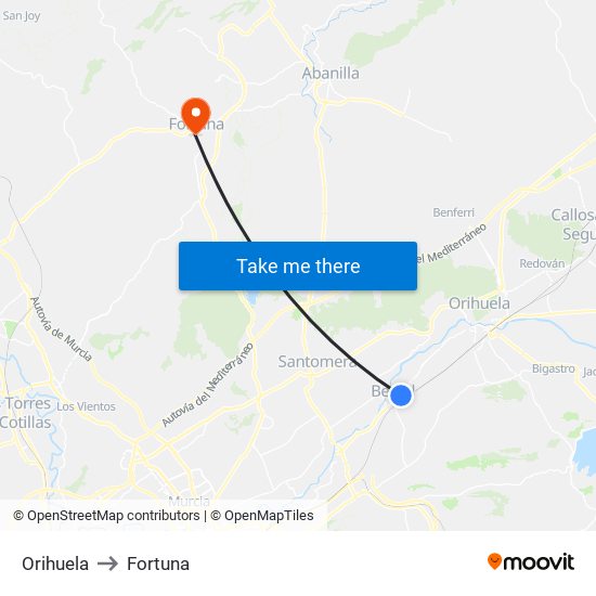 Orihuela to Fortuna map