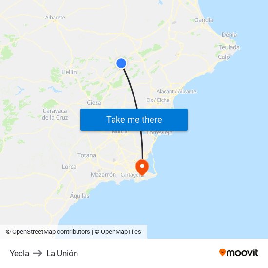 Yecla to La Unión map