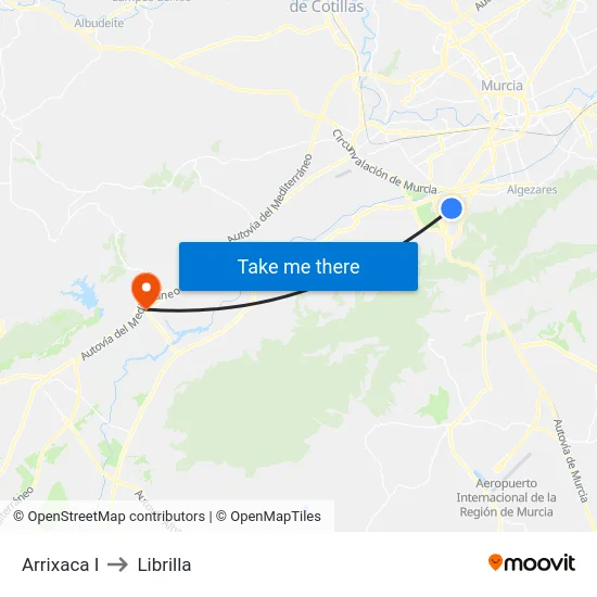 Arrixaca I to Librilla map