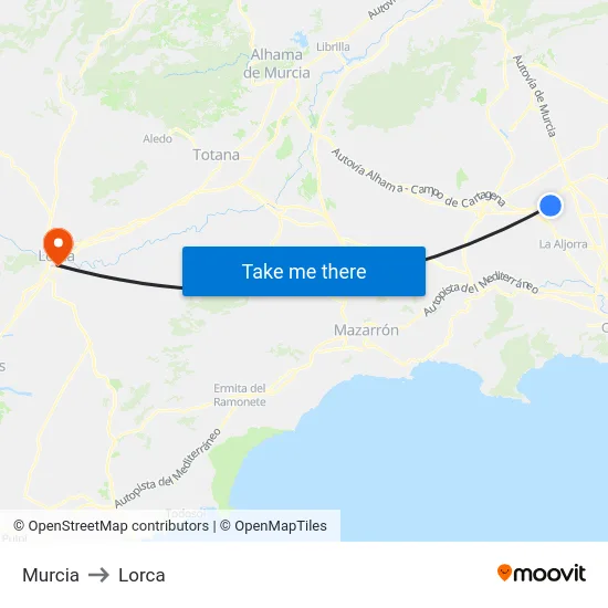Murcia to Lorca map