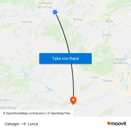 Cehegín to Lorca map