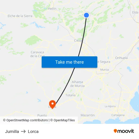 Jumilla to Lorca map