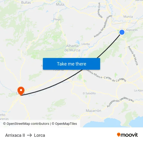Arrixaca II to Lorca map